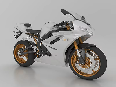 Modern White Sports Motorcycle With Sleek Body And Golden Alloy Wheels Design 3d model