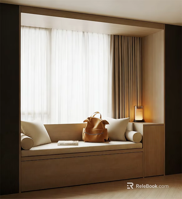 Modern Bay Window With Cushioned Seat Pillows Brown Bag And Small Lamp 3d model 
