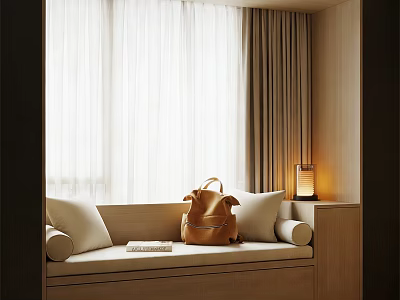 Modern Bay Window With Cushioned Seat Pillows Brown Bag And Small Lamp 3d model