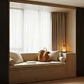 Modern Bay Window With Cushioned Seat Pillows Brown Bag And Small Lamp
