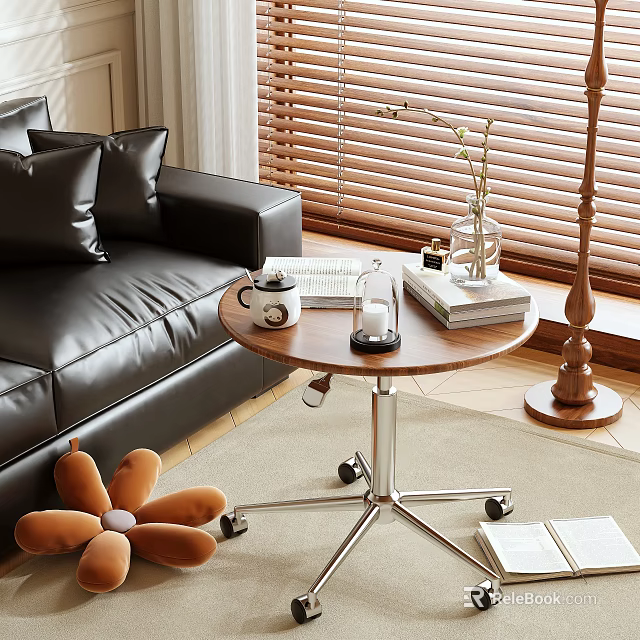 Modern Living Room Round Coffee Table With Wooden Top Metal Base Sofa Books And Vase 3d model 