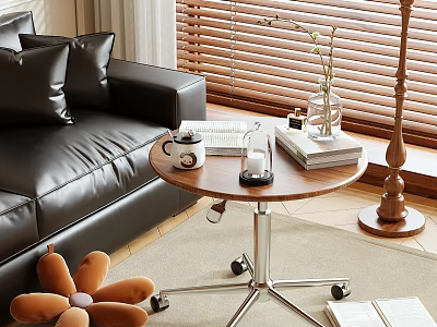 Modern Living Room Round Coffee Table With Wooden Top Metal Base Sofa Books And Vase 3d model