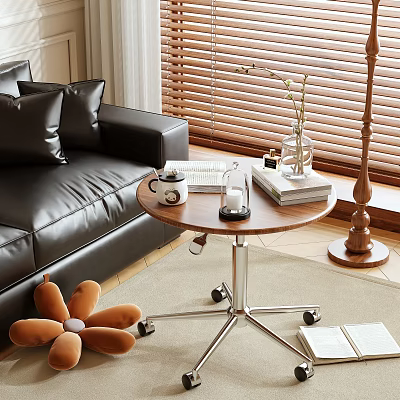 Modern Living Room Round Coffee Table With Wooden Top Metal Base Sofa Books And Vase 3d model