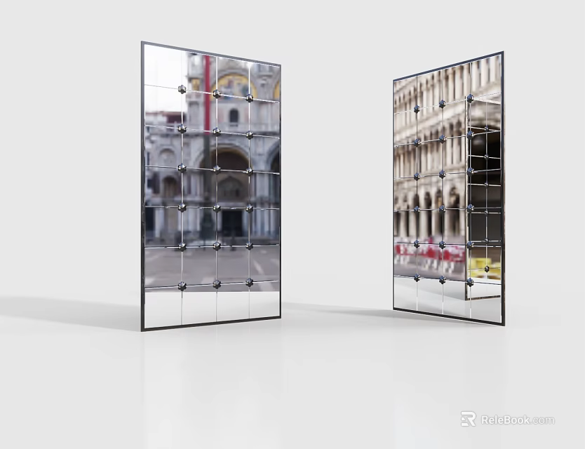 Modern Glass Room Divider With Square Grid Panels And Building Reflections 3d model 