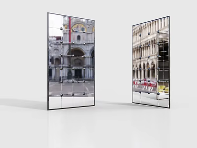 Modern Glass Room Divider With Square Grid Panels And Building Reflections 3d model