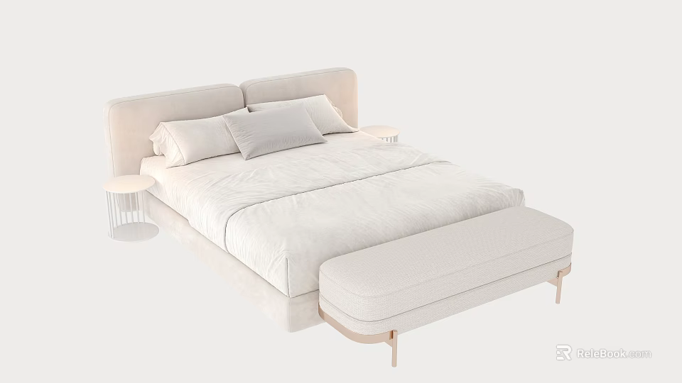 White Upholstered Double Bed With Soft Padded Headboard And Bed End Bench 3d model