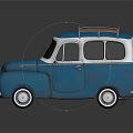 Blue And White Vintage Car With Surfboard On Roof And Rounded Body