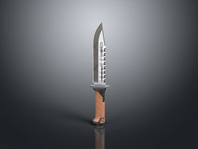 Tactical Combat Knife With Serrated Silver Blade And Brown Wooden Handle 3d model