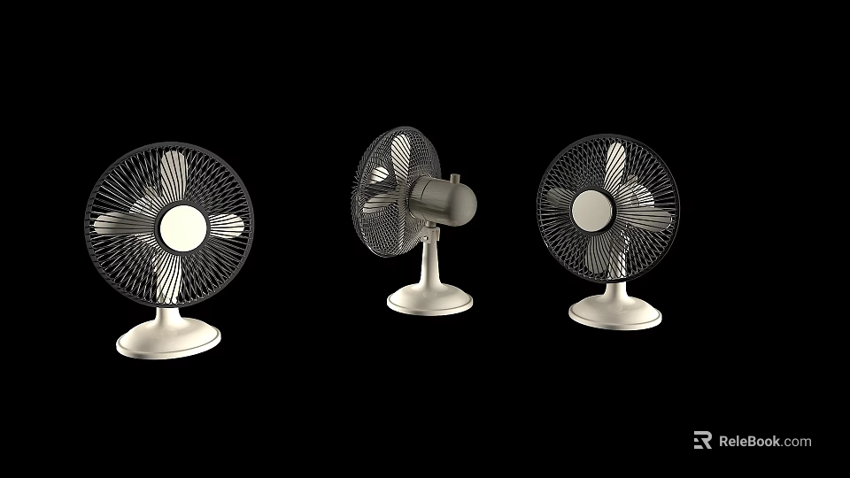 Three Tabletop Air Conditioner Fans with Black Blades and White Base on Black Background 3d model 