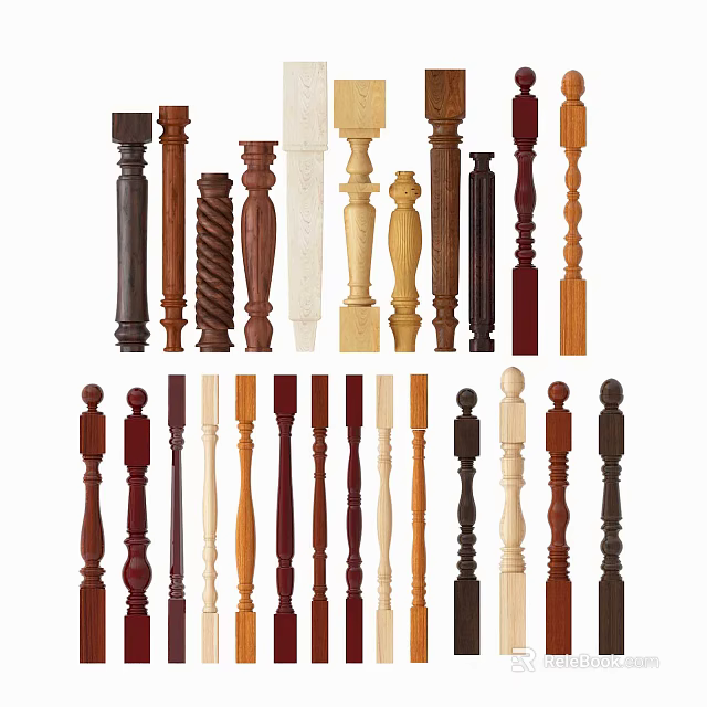 Wooden Railing Balusters In Various Decorative Styles And Natural Color Tones 3d model 