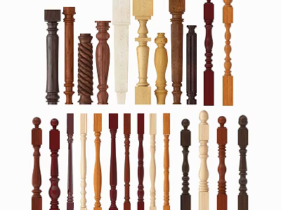 Wooden Railing Balusters In Various Decorative Styles And Natural Color Tones 3d model