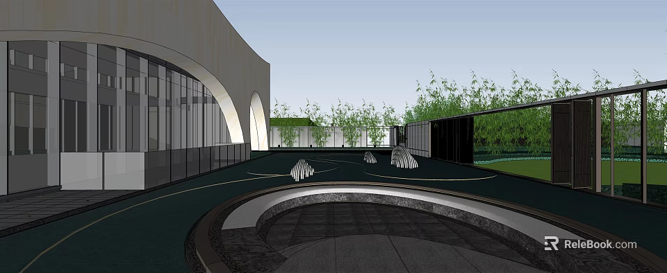 Modern Garden Landscape With Curved Glass Architecture Open Courtyard Water Feature And Geometric Sculptures 3d model 