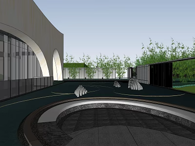 Modern Garden Landscape With Curved Glass Architecture Open Courtyard Water Feature And Geometric Sculptures 3d model