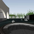 Modern Garden Landscape With Curved Glass Architecture Open Courtyard Water Feature And Geometric Sculptures