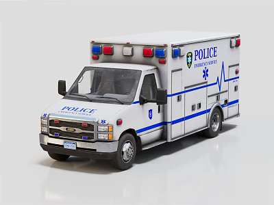 Police Ambulance Vehicle With Blue Stripes Roof Emergency Lights And Medical Symbols 3d model