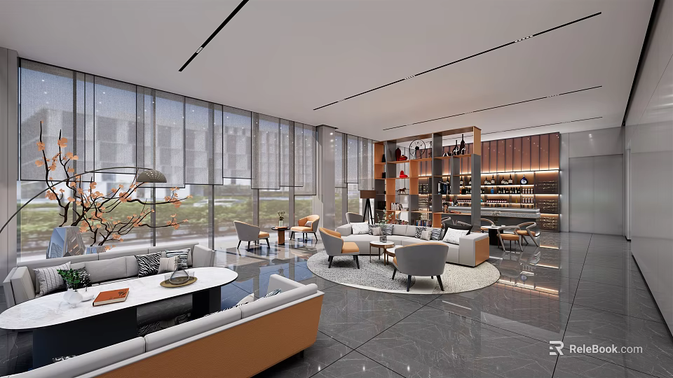 Modern Lounge Area Interior Design With Large Windows Comfortable Sofas Round Tables And Decorative Shelves 3d model