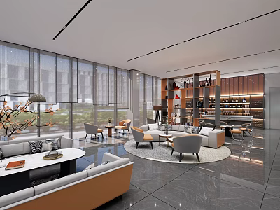 Modern Lounge Area Interior Design With Large Windows Comfortable Sofas Round Tables And Decorative Shelves 3d model