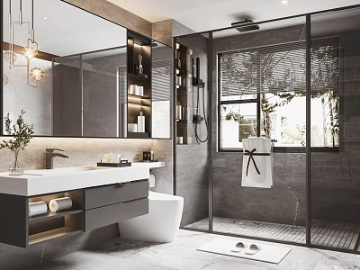 Modern Bathroom Interior Design With Vanity Mirror Glass Shower Toilet Lighting And Towel 3d model