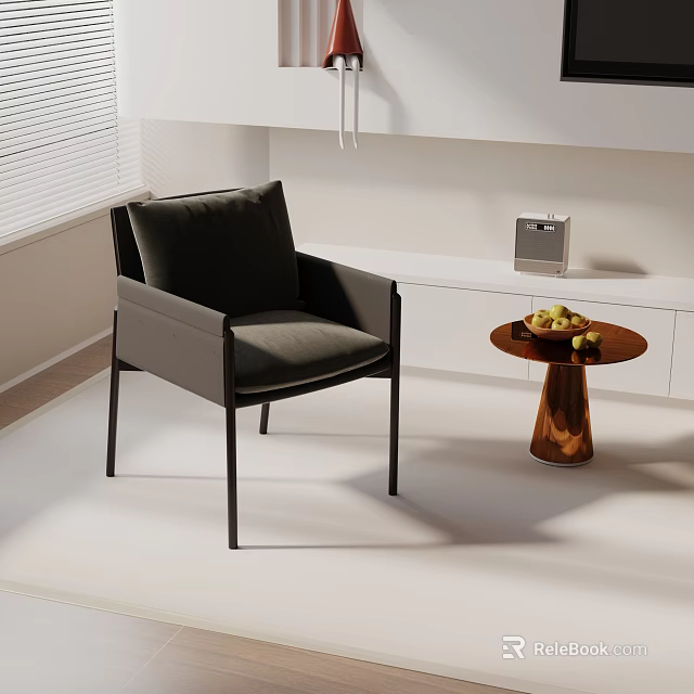 Modern Dark Upholstered Leisure Chair In Bright Interior With Round Wooden Side Table 3d model 