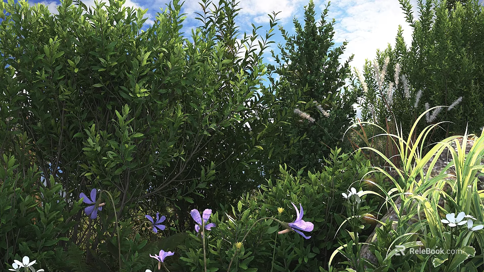 Lush Green Shrubs With Purple And White Flowers In Sunlit Garden Under Blue Sky 3d model 