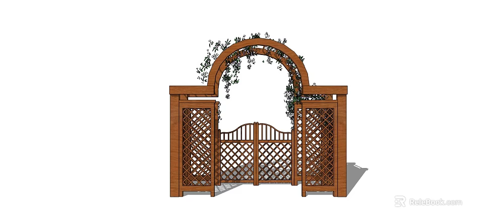 Wooden Entry Gate With Arched Top Lattice Sides And Climbing Vines Garden Design 3d model 