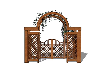 Wooden Entry Gate With Arched Top Lattice Sides And Climbing Vines Garden Design 3d model
