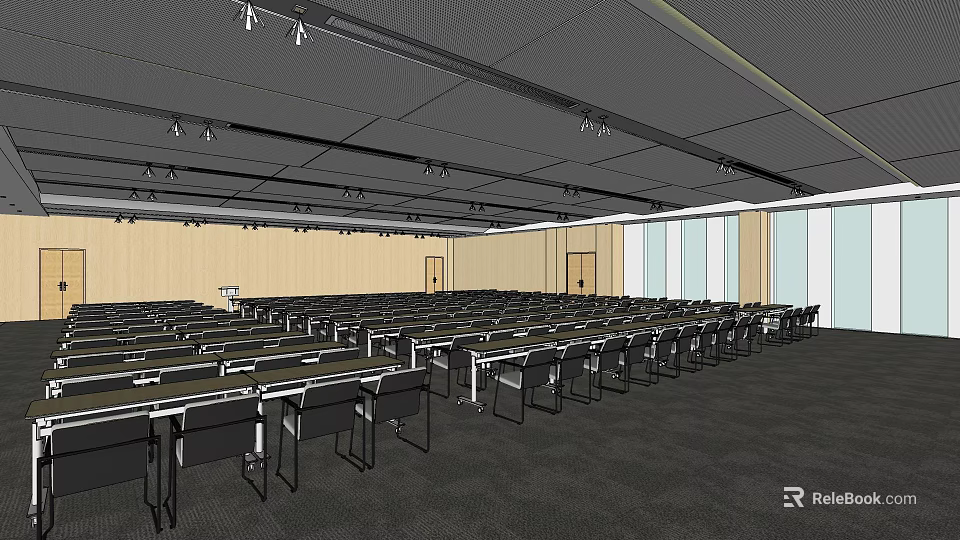 School Modern Lecture Hall With Rows Of Desks And Ceiling Lights 3d model 