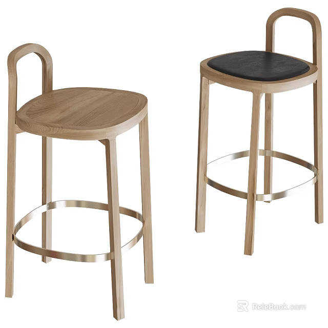 Modern Bar Stools With Wooden Frame Metal Ring Base And Black Seat 3d model 