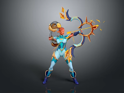 Red Haired Female Archer In Blue Armor Drawing Golden Creature Bow With Glowing Effects 3d model