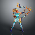 Red Haired Female Archer In Blue Armor Drawing Golden Creature Bow With Glowing Effects