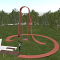 Pink Outdoor Swing Set Playground Equipment in Grass with Trees and People Playing
