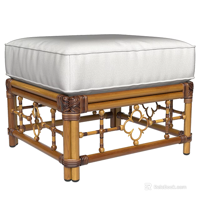 Stylish Ottoman Featuring White Padded Cushion And Decorative Wooden Frame Design 3d model 
