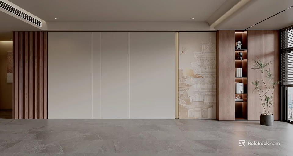 Modern Luxury Sofa Background Wall With Wooden Bookshelf And Decorative Painting 3d model 