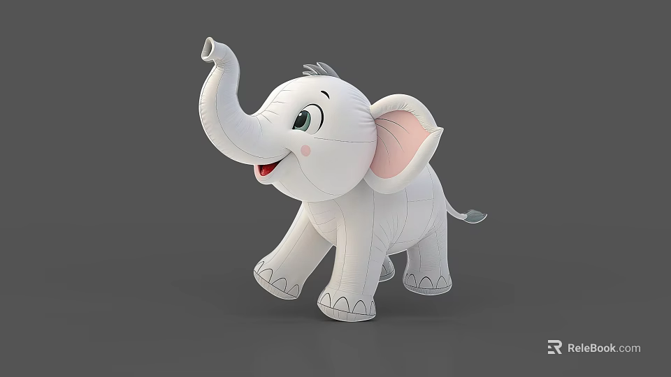 Cute White Cartoon Elephant Toy With Big Ears Raised Trunk And Smiling Face 3d model 