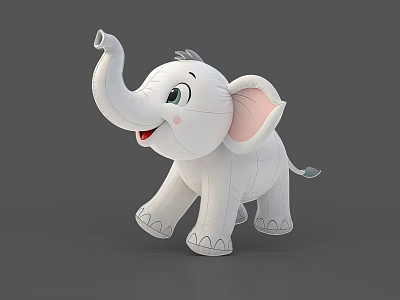Cute White Cartoon Elephant Toy With Big Ears Raised Trunk And Smiling Face 3d model