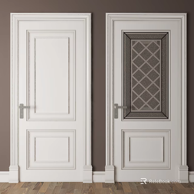 White Hinged Doors Featuring Panel Design And Diamond Pattern Glass Insert 3d model 