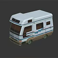 Stylish White Recreational Vehicle with Blue Brown Stripes and Windows Design