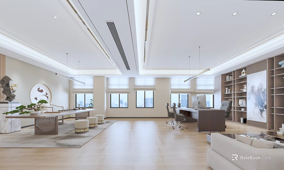 Modern Office Spacious Bright Interior With Work Desk Bookshelf Sofa And Plants 3d model