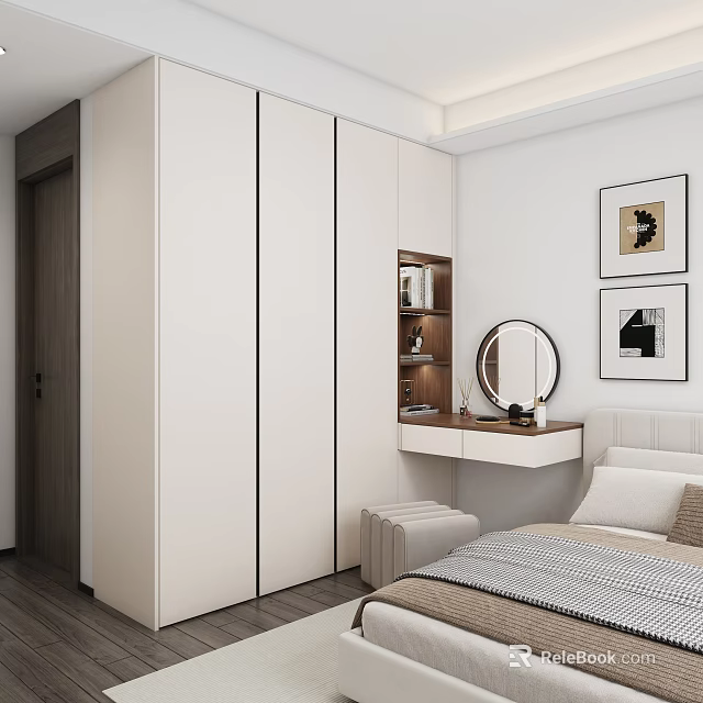 Modern White Sliding Door Wardrobe In Bedroom With Console Table And Mirror 3d model 
