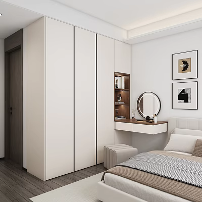 Modern White Sliding Door Wardrobe In Bedroom With Console Table And Mirror 3d model