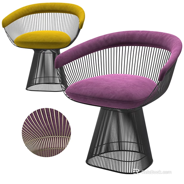 Modern Leisure Chair Design With Purple And Yellow Cushion And Metal Woven Frame 3d model 
