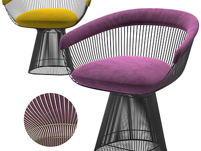 Modern Leisure Chair Design With Purple And Yellow Cushion And Metal Woven Frame 3d model
