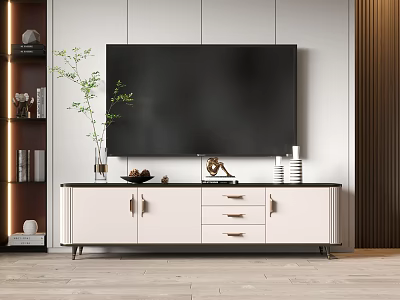 Modern TV Stand Featuring White Cabinet Black Top Storage Drawers And Decorative Items 3d model