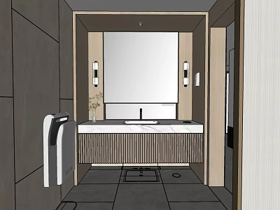 Modern Public Restroom Interior With Sink Counter Large Mirror And Wooden Cabinets 3d model