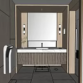 Modern Public Restroom Interior With Sink Counter Large Mirror And Wooden Cabinets