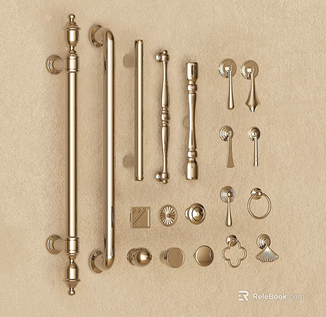 Golden Cabinet Handles And Furniture Pulls In Various Styles And Designs 3d model 