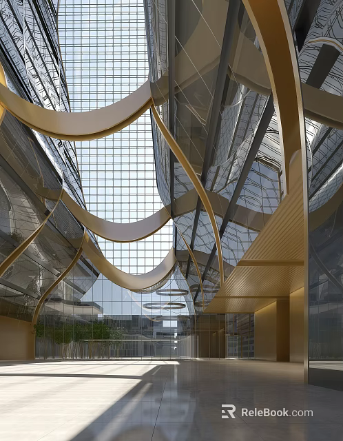 Modern Front Desk Reception Lobby With Glass Curved Structures And Elegant Lighting Design 3d model 