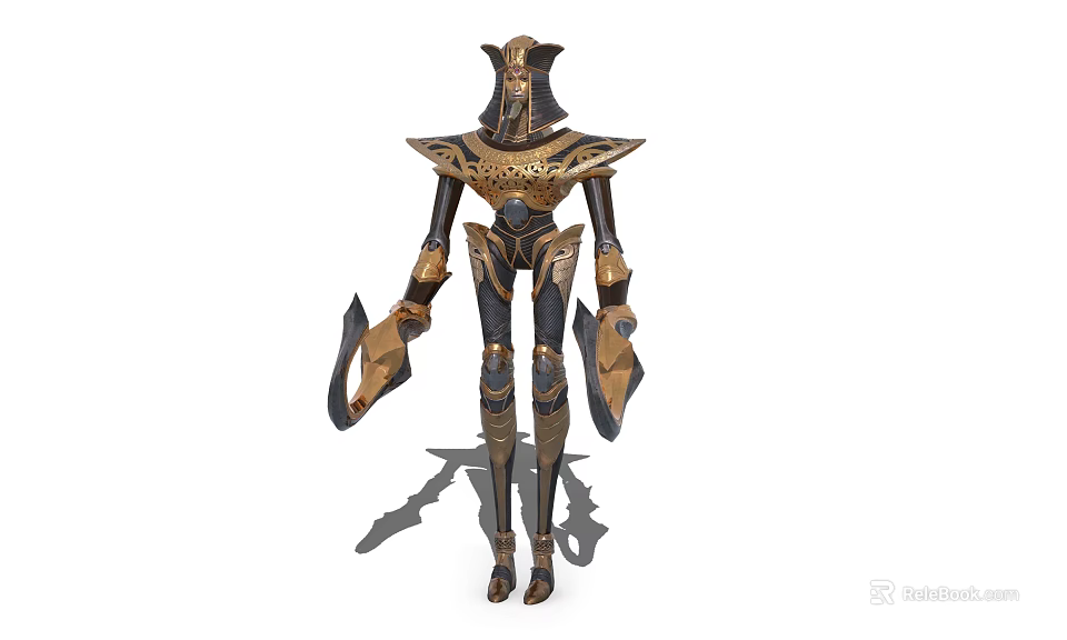 Egyptian Style Mechanical Armor Combat Character Holding Weapons in Gold Black for Game and Movie 3d model 