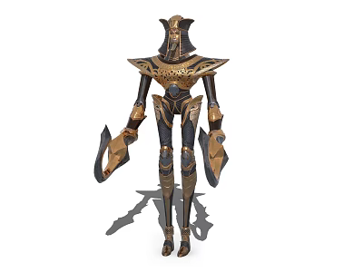 Egyptian Style Mechanical Armor Combat Character Holding Weapons in Gold Black for Game and Movie 3d model
