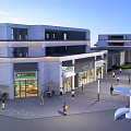 Modern Commercial Street With Multi Story Building Storefronts And Pedestrians Walking